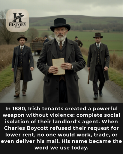 n 1880, Irish tenants created a powerful weapon without violence: complete social isolation of their landlord’s agent. When Charles Boycott refused their request for lower rent, no one would work, trade, or even deliver his mail. His name became the word we use today.