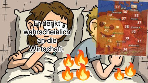 Sie: Er denkt bestimmt an die Wirtschaft

Bild des aktuellen Wetters um die 40°C und die Bettdecke brennt