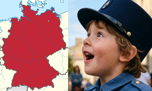 Links ist eine einfarbige Deutschlandkarte. Rechts ein staunendes Kind mit Gendarmen-Mütze.