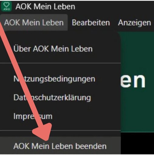 Ein Screenshot der App "AOK Mein Leben". Das Menü enthält einen Knopf, der “AOK Mein Leben beenden" heißt.