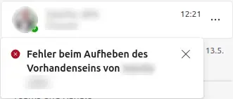Transkription: Eine Notification von Microsoft Teams  „Fehler beim Aufheben des Vorhandenseins von <Name>“