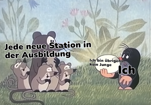 *Maulwurf-Format*
Mäuse als "Jede neue Station in der Ausbildung"
Maulwurf als Ich *zeigt Ei*
Ei "Ich bin übrigens kein Junge*