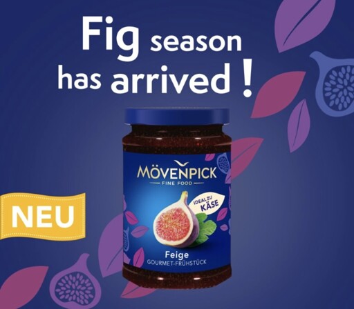 Auf sem Bild sieht man ein Glas Feigenmarmelade.
Da drüber der Text "Fig season has arrived!"