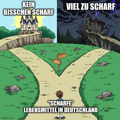"Scharfe" Lebensmittel in Deutschland: 
1. Kein bisschen scharf (Weg zu schönem Schloss)
2. Viel zu scharf (Weg zu uneheimlichem Schloss)