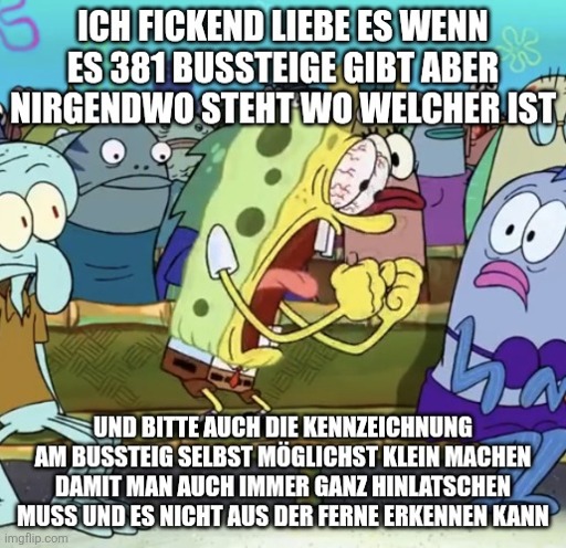 Ein Spongebob-Meme, das Frustration über unübersichtliche Busbahnhöfe ausdrückt. Das Bild zeigt einen sehr wütenden Spongebob Schwammkopf mit blutunterlaufenen Augen, der die Fäuste ballt und schreit. ​Der Text auf dem Meme lautet sarkastisch: Oben: "ICH FICKEND LIEBE ES WENN ES 381 BUSSTEIGE GIBT ABER NIRGENDWO STEHT WO WELCHER IST" Unten: "UND BITTE AUCH DIE KENNZEICHNUNG AM BUSSTEIG SELBST MÖGLICHST KLEIN MACHEN DAMIT MAN AUCH IMMER GANZ HINLATSCHEN MUSS UND ES NICHT AUS DER FERNE ERKENNEN KANN"