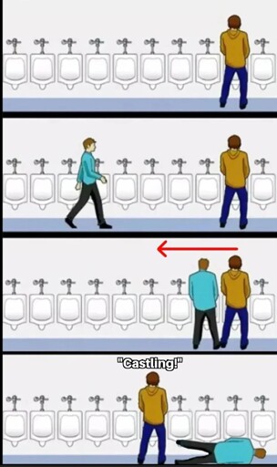 Guy1 pisses into a urinal. Guy2 approaches from left, ends up next to guy1. Guy1 moves 3 slots to the left, guy2 lies on the floor, "Castling!".