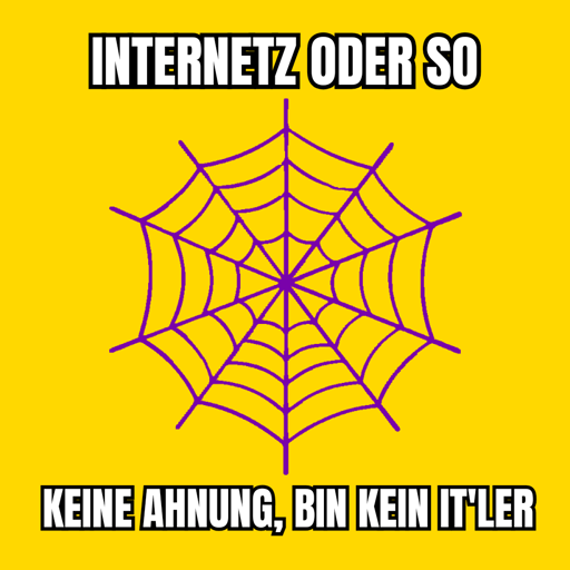 Lila Spinnennetz auf gelbem Hintergrund im Farbschema der Inter*-Pride-Flag
Text oben: Internetz oder so
Text unten: keine Ahnung, bin kein IT'ler