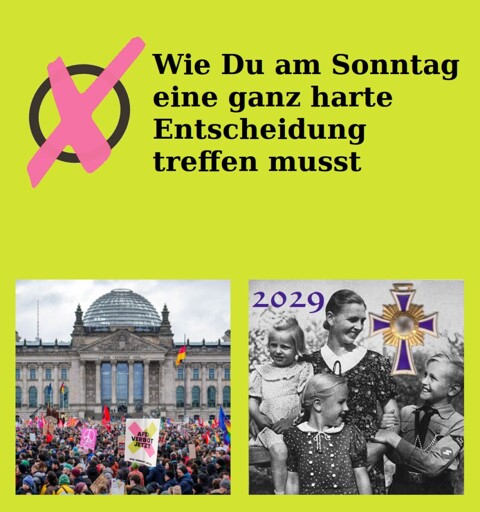 Ein Wahlkreuz "Wie Du am Sonntag eine ganz harte Entscheidung treffen musst"   Bild 1 AFD-Verbot-Jetzt Demo vor dem Berliner Reichstag   Bild 2 Eine Mutter im Nationalismus und ein Mutterkreuz
