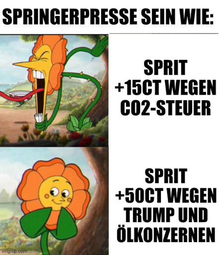 Springerpresse sein wie:

Schreiende Blume: Sprit +15ct wegen CO2-Steuer

Ruhige Blume: Sprit +50ct wegen Trump und Ölkonzernen