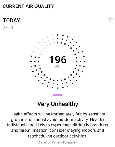 Cropped screenshot from Accuweather. It states that the AQI is 196. The text reads: 
Very Unhealthy
Health effects will be immediately felt by sensitive groups and should avoid outdoor activity. Healthy individuals are likely to experience difficulty breathing and throat irritation; consider staying indoors and rescheduling outdoor activities. 