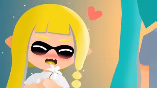 Integrelle blushing, holding a lily, yelling