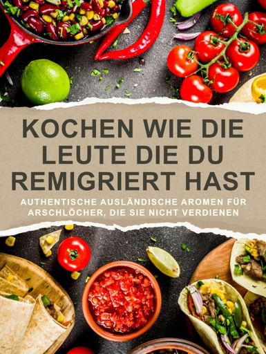 Cover eines Kochbuchs. Am oberen und unteren Rand sind verschiedene Gerichte und Zutaten abgebildet. In der Mitte des Covers steht der Buchtitel "KOCHEN WIE DIE LEUTE DIE DU REMIGRIERT HAST - AUTHENTISCHE AUSLÄNDISCHE AROMEN FÜR ARSCHLÖCHER DIE SIE NICHT VERDIENEN"