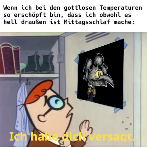 Wenn ich bei den gottlosen Temperaturen so erschöpft bin, dass ich obwohl es hell draußen ist Mittagsschlaf mache: *Bild von Prof. Dr. Abdul Nachtigaller* Ich habe dich versagt.