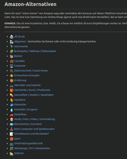 Amazon-Alternativen: Liste mit den Kategorien Brettspiele / Tabletop / Rollenspiele , Bücher, Computer, Elektrotechnik / Smart-Home, Klamotten u.v.m.