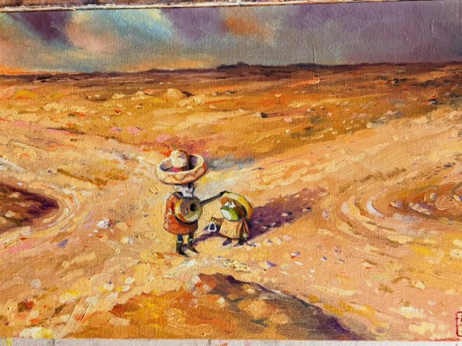 Tod und Frosch stehen auf der Kreuzung in der Wüste. 