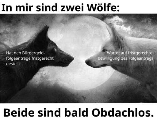 jedes mal beim folge antrag schramme ich haar scharf an der obdachlosigkeit vorbei, der dardurch entstehende psychologische schaden macht mich no weniger arbeitsfähig, danke