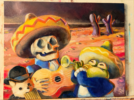Frosch spielt mit dem Tod in der wüste, schmuserkadser spielt panflöte