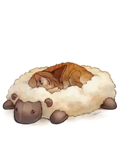 An orange cat resting on a sheep shaped cat bed