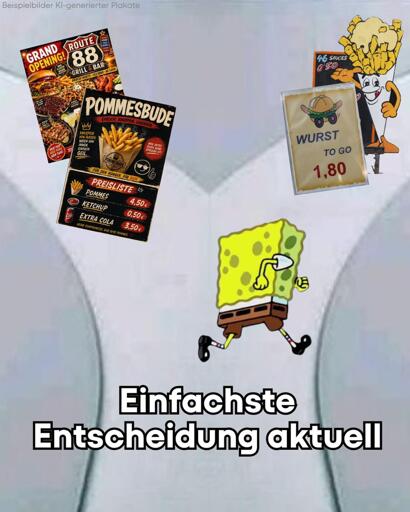 Zu sehen ist eine Bildcollage mit der Bildunterschrift „Beispielbilder KI-generierter Plakate". Links im Bild sind zwei überlappende Werbeplakate für Imbissbuden zu sehen: ein Plakat mit der Aufschrift „Grand Opening! Route 88 Grill & Bar" mit Fotos von Burgern, Grillfleisch und Getränken, sowie ein Plakat mit der Aufschrift „Pommesbude – Ehrlich. Knusprig. Legendär." mit einer Preisliste: Pommes 4,50 Euro, Ketchup 0,50 Euro, Extra Cola 3,50 Euro. Rechts oben ist eine Tafel mit der Aufschrift „46 Saucen 0,50" zu sehen, davor ein laminiertes Schild mit einem Burger-Symbol und dem Text „Wurst to go, 1,80", sowie eine comichafte Figur in Form einer Pommes-Tüte mit Gesicht und Armen. In der Bildmitte läuft die Zeichentrickfigur SpongeBob Schwammkopf. Darunter steht in großer, fett umrandeter Schrift: Einfachste Entscheidung aktuell.