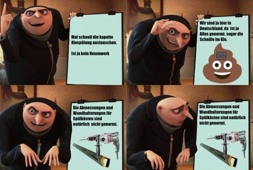 Grus Plan: Klospülung tauschen - ist ja alles genormt, dies, das, deutscher Normschiss - Abmessungen und Wandhalterungen für Spülkästen sind nicht genormt