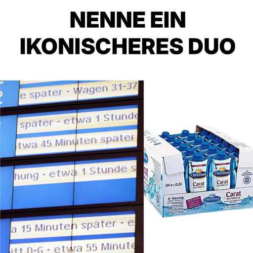 Ein Mem mit Ueberschrift "Nenne ein ikonischeres Duo", worunter eine Bahntafel zu sehen ist mit diversen verspaetungen, sowie eine Kartonpackung mit Christinen Carat Tetra Paks